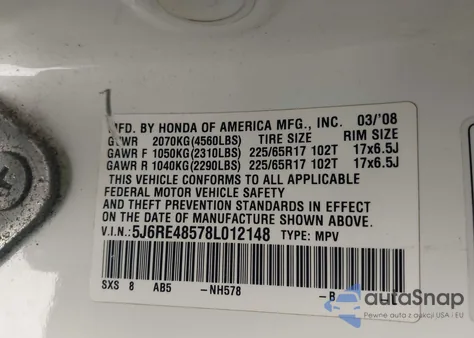 2008 Honda Cr-V Ex from USA, damaged, VIN 5J6RE48578L012148